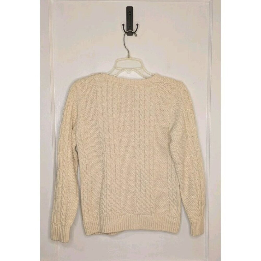 LL Bean Womens Beige Cotton Cable Knit Shoulder Button Sweater M Reg 280394 - Picture 2 of 5